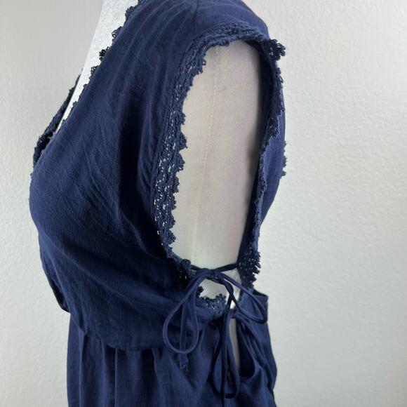 Lush Navy Blue Lace Trim Gauze V-Neck High-Low Sleeveless Midi Dress Large - Picture 10 of 14